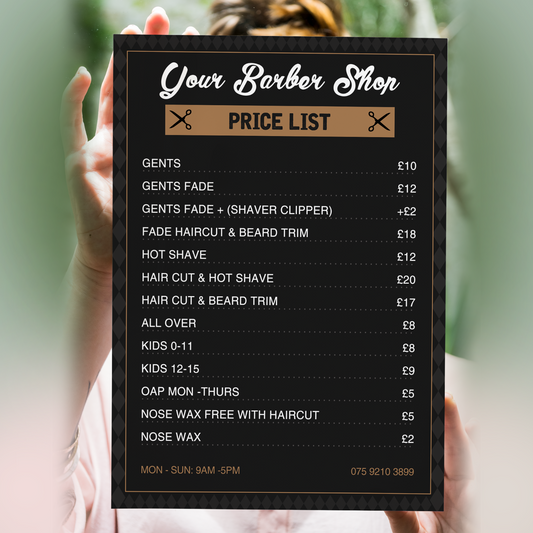 Personalised Barber Shop Price List Poster Salon Advertising Sign A5–A3
