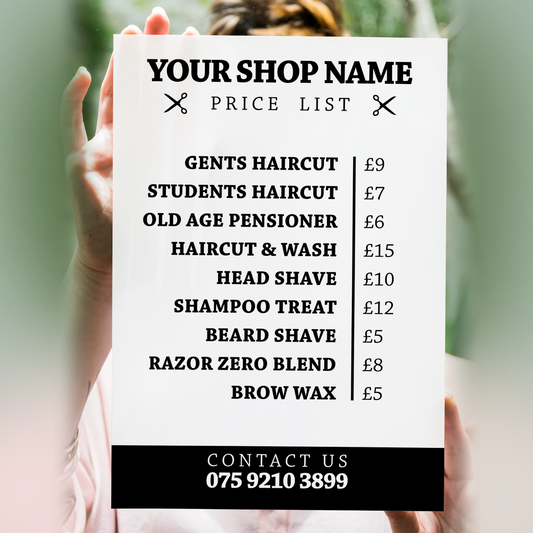 Barber Shop Price List Poster Sign - Salon Advertising Prices A5-A3
