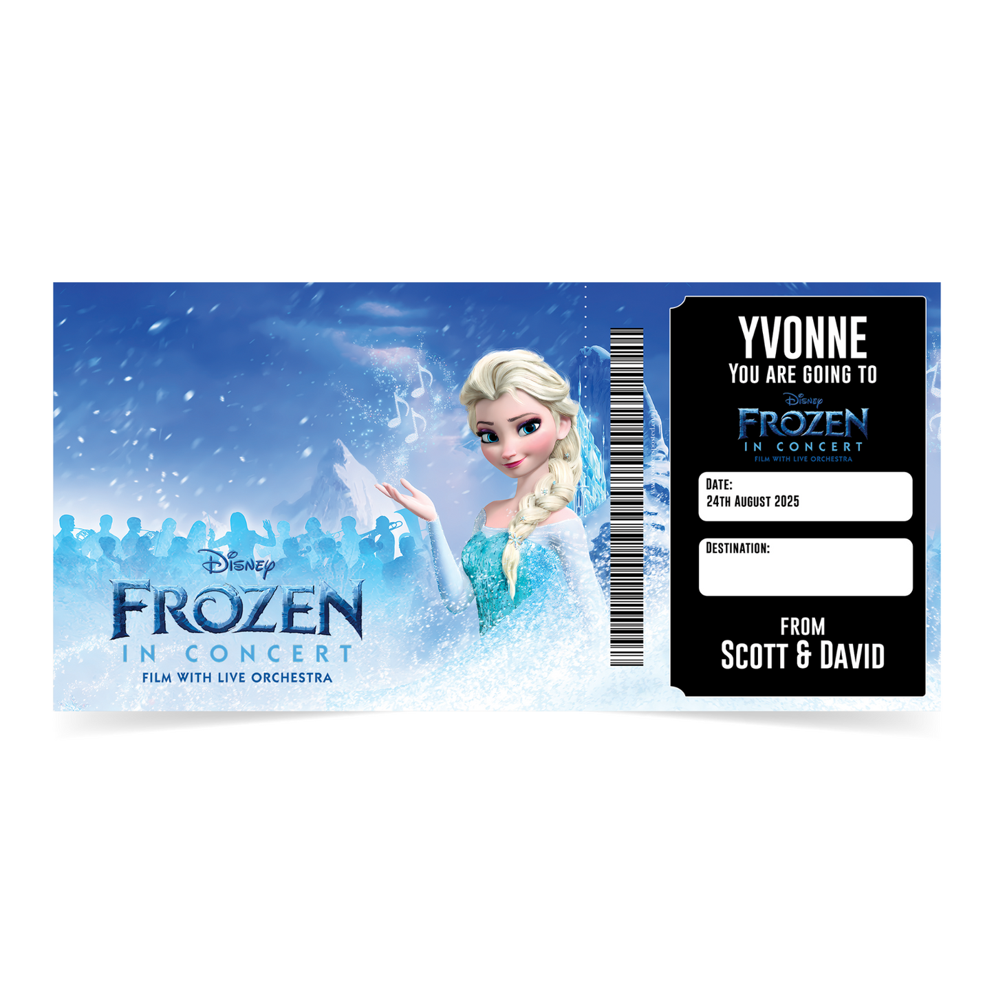 Frozen In Concert Theatre Musical Ticket Gift Surprise Personalised Ticket