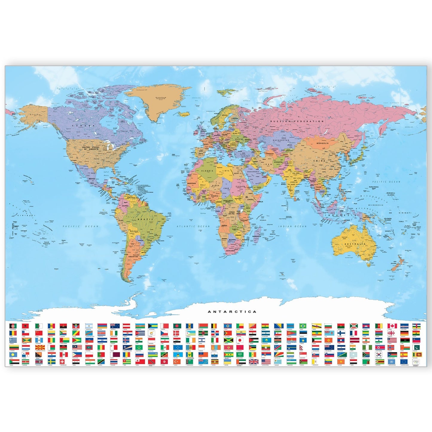 Map Of World Detailed Educational Geography Poster Art Map With Flags Poster