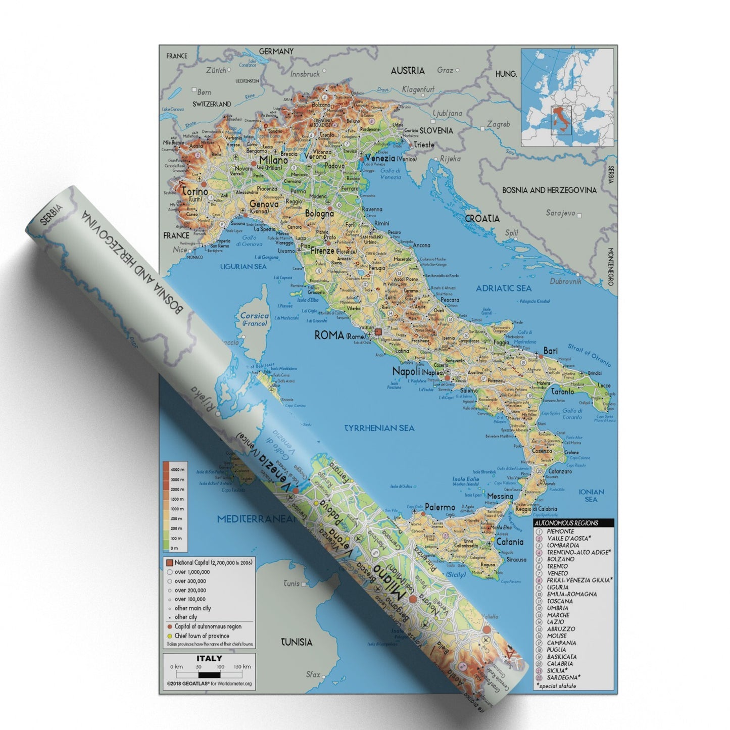 MAP OF ITALY POSTER EDUCATIONAL TRAVEL TOURISM PHYSICAL STYLE MAP POSTER - A5-A3