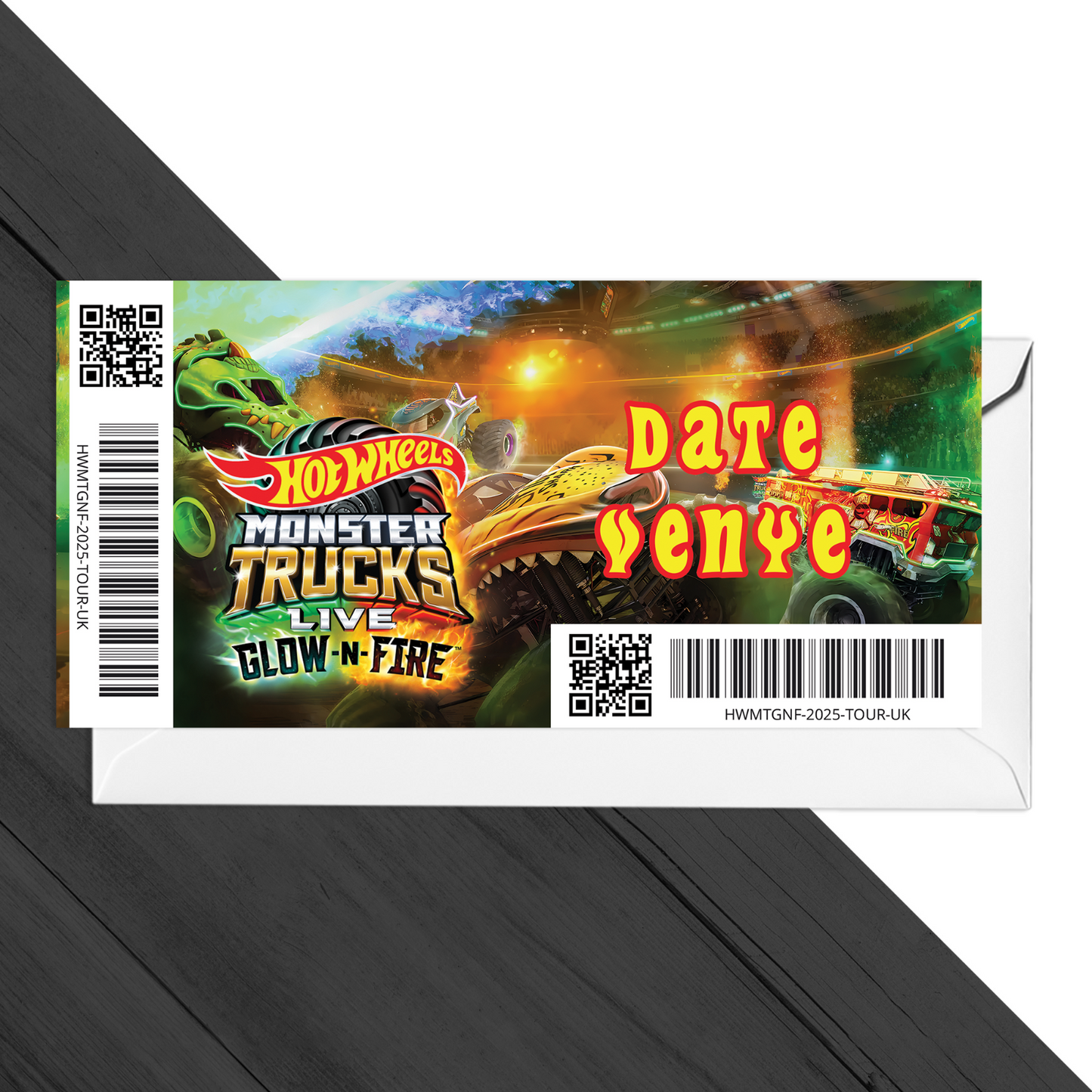 Hot Wheels Monster Truck Glow-N-Fire Gift Ticket Personalised Gift Reveal Ticket