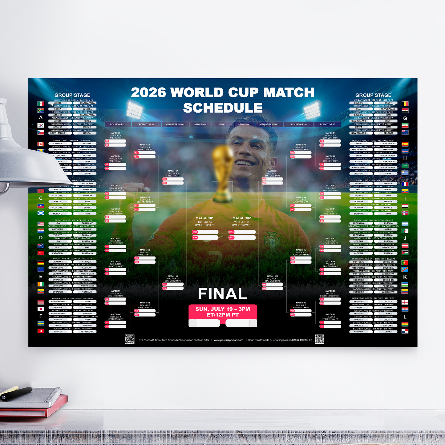 Football World Cup 2026 Poster Ronaldo Edition Wall Chart + FREE A4 FLAG POSTER