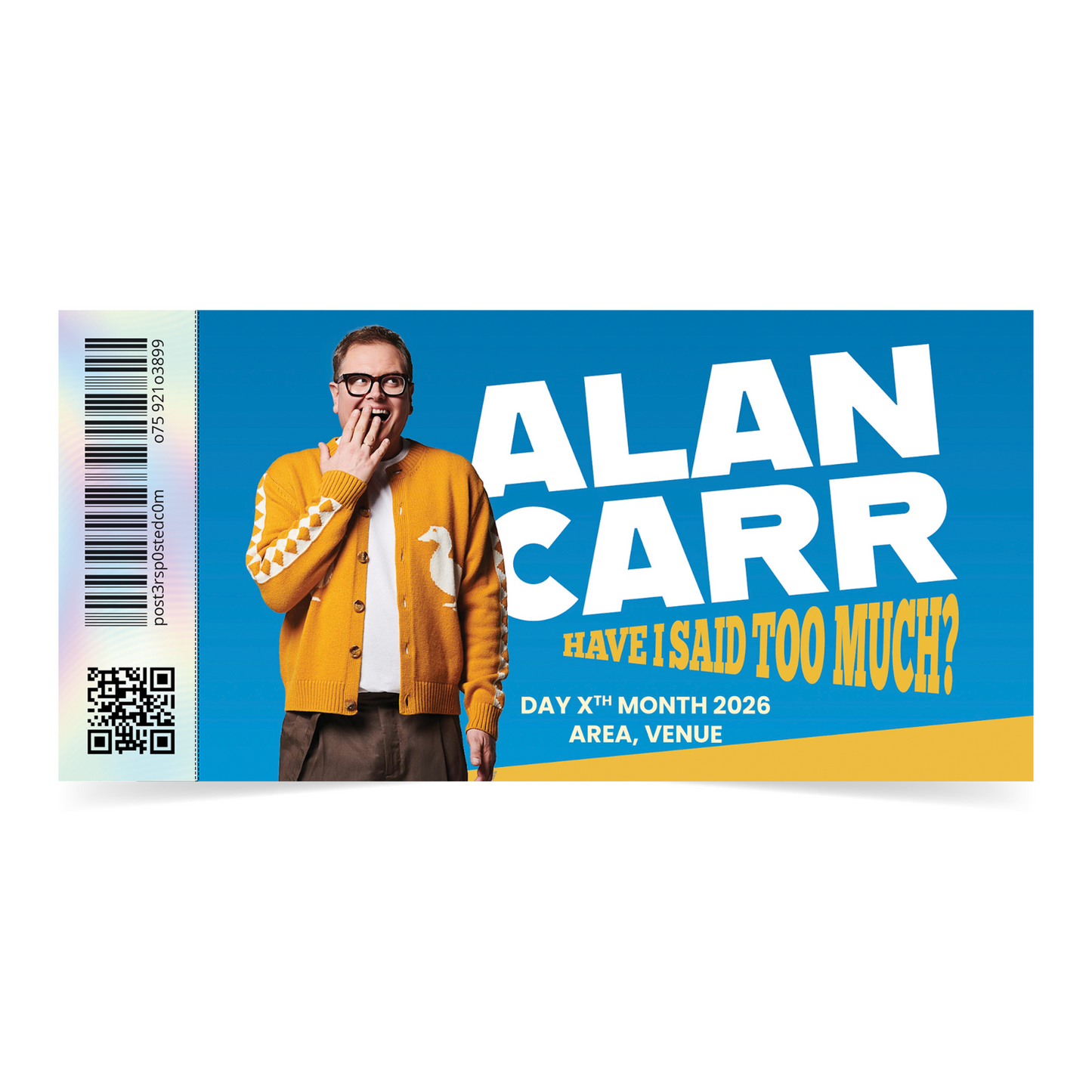 Alan Carr Live Tour Souvenir Comedy Show Personalised Ticket Memorabilia Gift