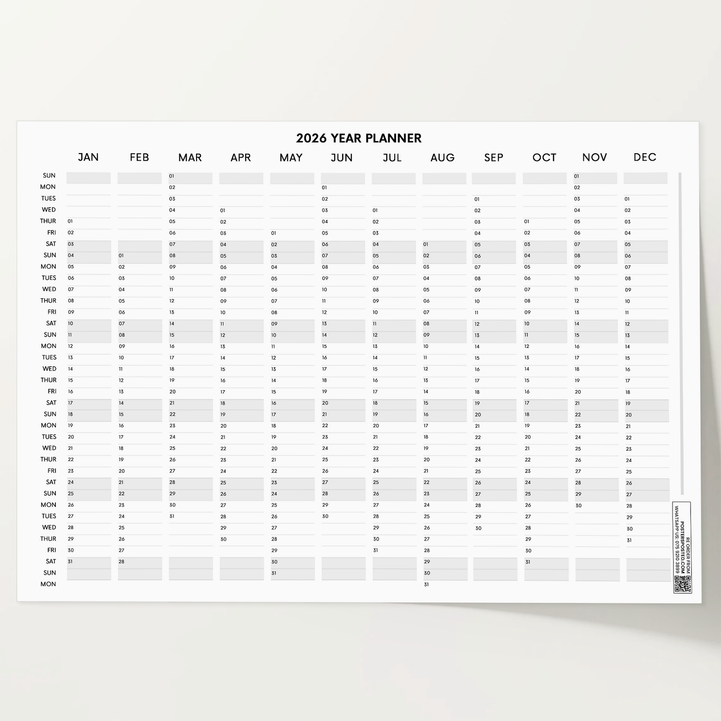 2026 Wall Planner Full Year Calendar For Home Office Work Jan-Dec A1-A5 Sizes