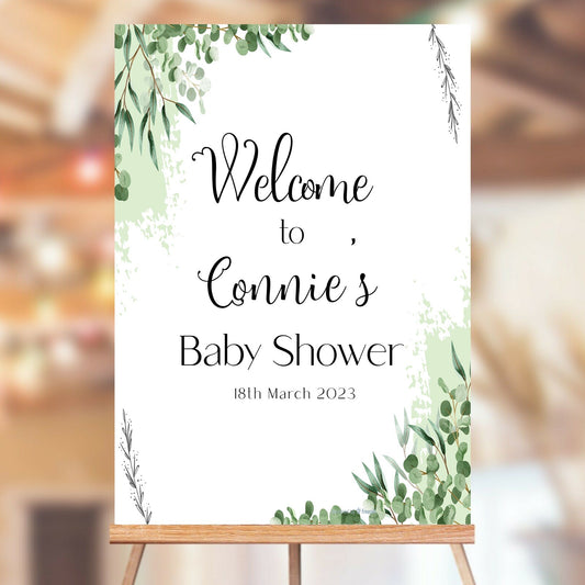 Personalised Baby Shower Welcome Poster Sign Green Eucalyptus Sign Print - A5-A3
