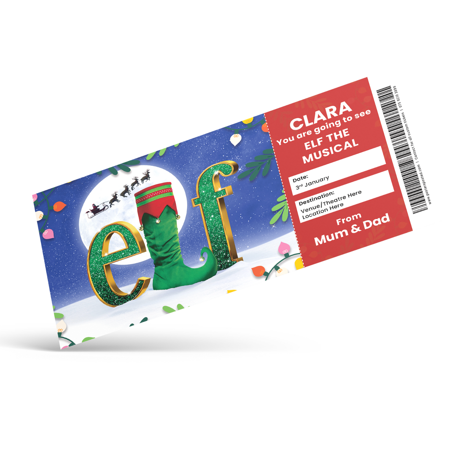 Elf The Musical Gift Ticket Personalised Present Christmas Gift Reveal Ticket