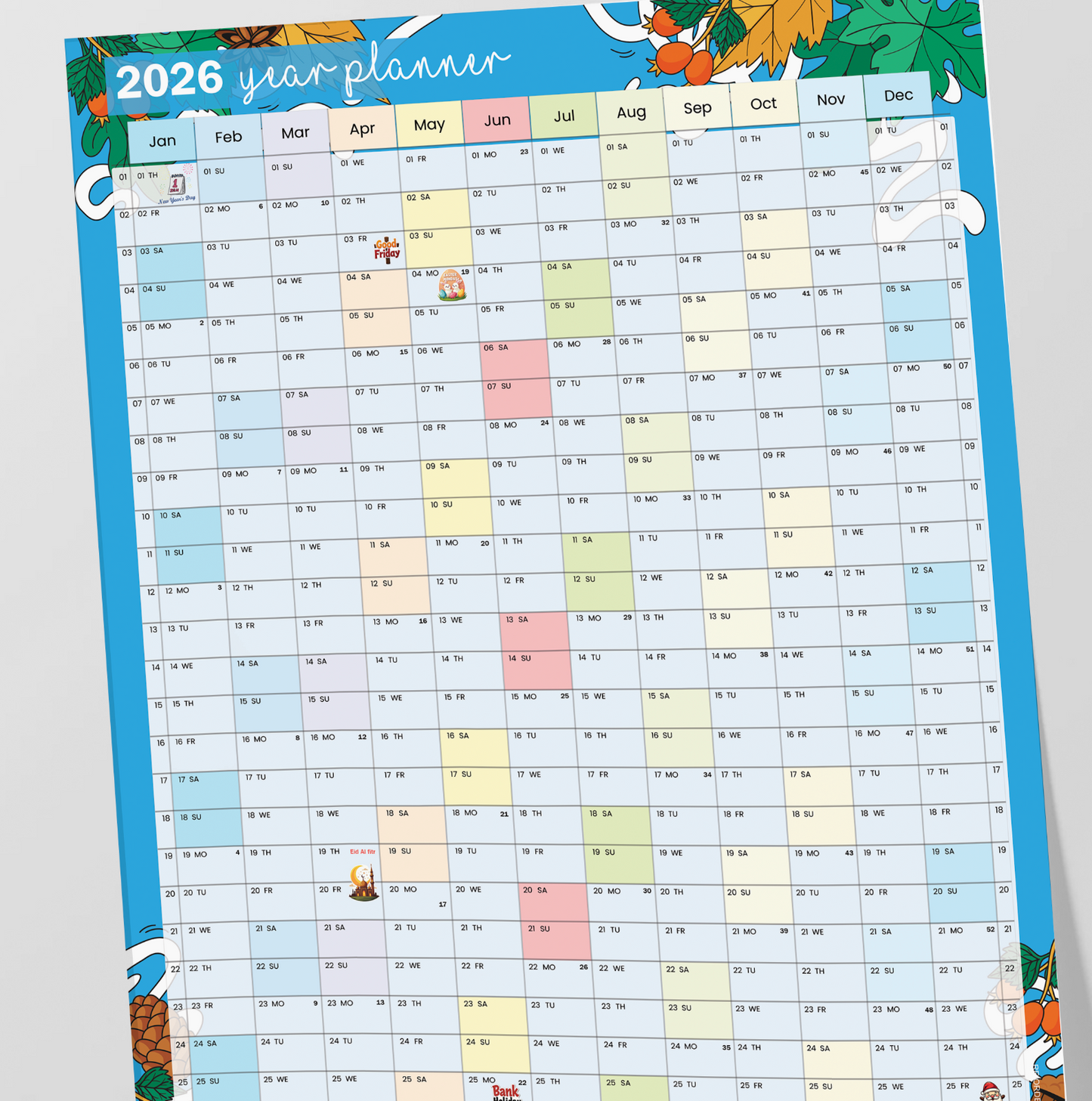 2026 Year Planner Wall Calendar For Home Office Jan-Dec A5-A3 Sizes