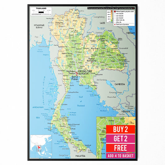 THAILAND MAP POSTER TRAVEL TOURISM EDUCATIONAL MAP POSTER PRINT - A5-A3