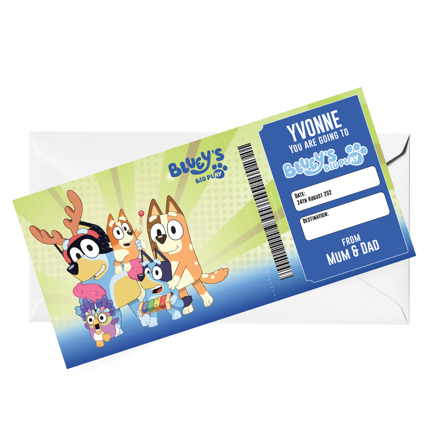 Bluey's Big Play Ticket Gift Theatre Christmas Xmas Personalised Gift Ticket