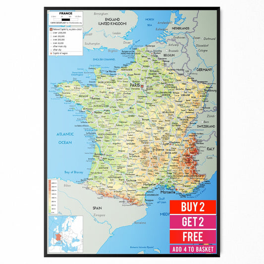 Map Of France Educational Poster Travel Tourism Physical Map Print  - A5 A4 A3