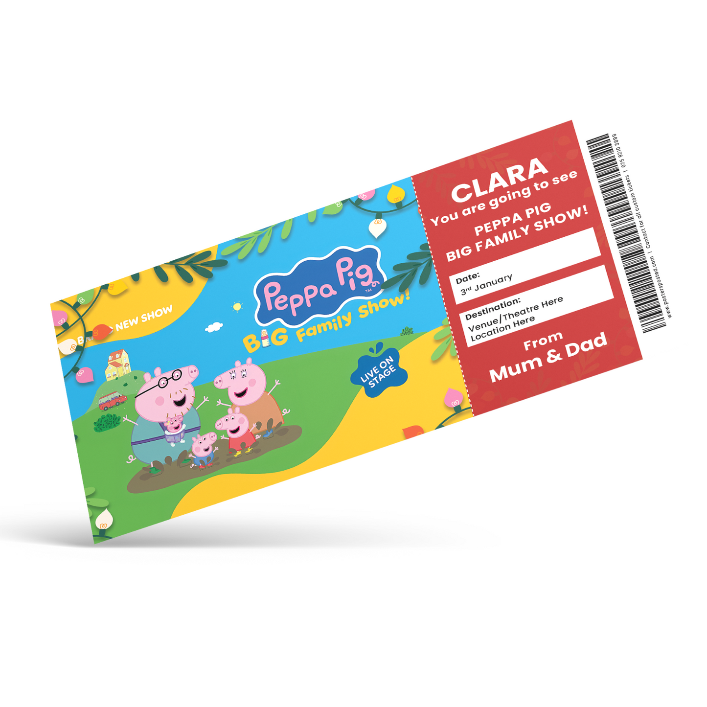 Peppa Pig Big Family Show Xmas Ticket Personalised Christmas Gift Keepsake Card