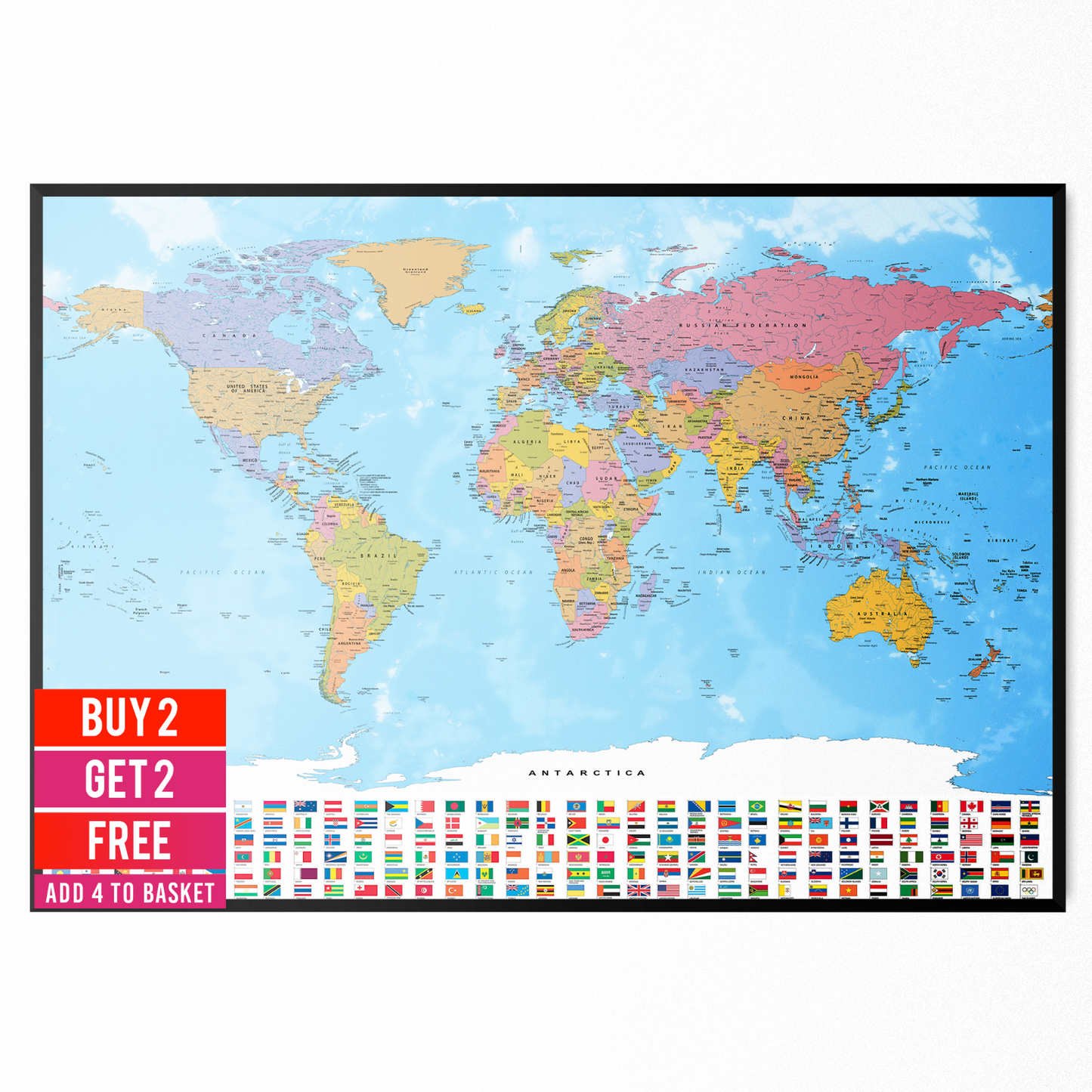 Map Of World Detailed Educational Geography Poster Art Map With Flags Poster