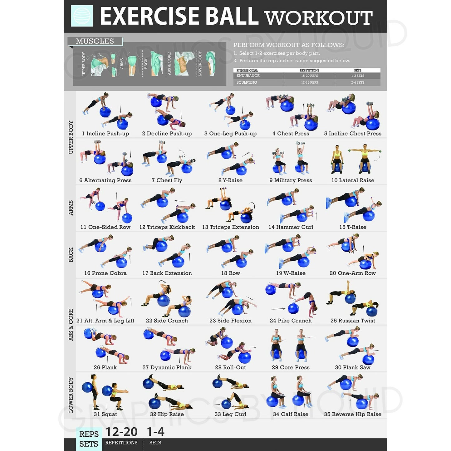 Excercise Ball Workout Fitness Gym Spa Routine Chart Poster Buy 2 Get 2 Free