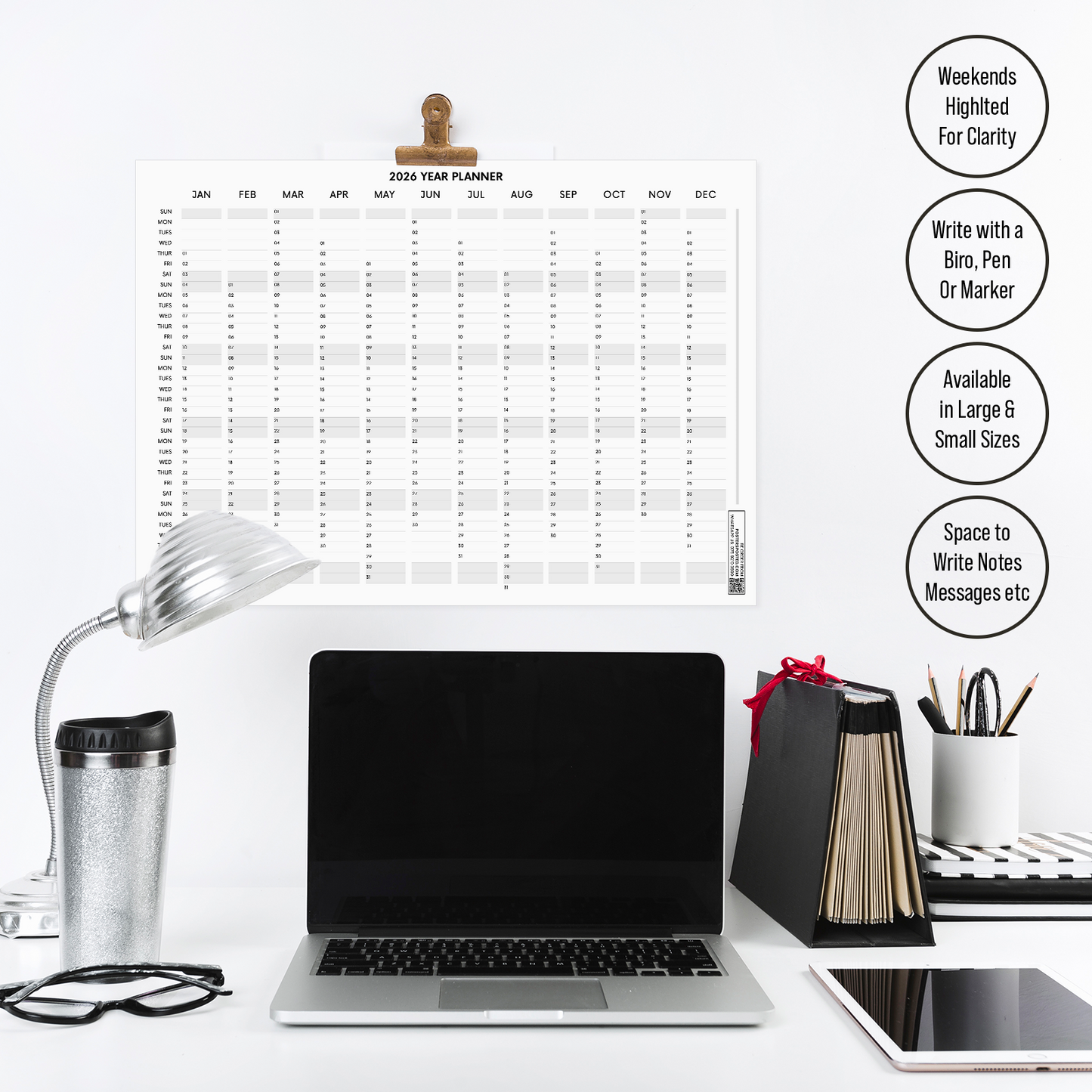 2026 Wall Planner Full Year Calendar For Home Office Work Jan-Dec A1-A5 Sizes