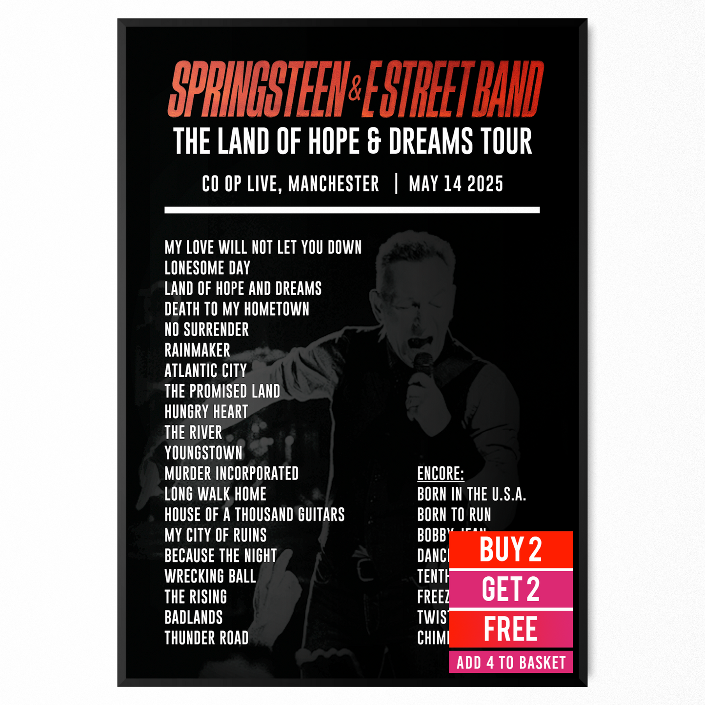 Bruce Springsteen 2025 Manchester Liverpool Live Setlist Poster UK Arena Tour