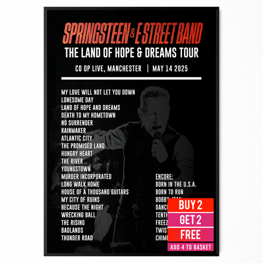 Bruce Springsteen 2025 Manchester Liverpool Live Setlist Poster UK Arena Tour