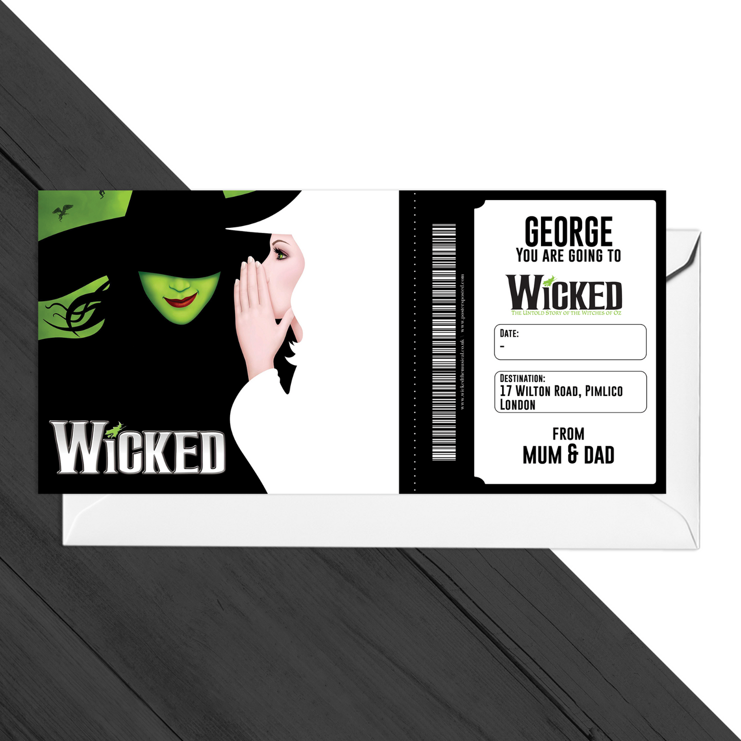 WICKED Musical Theatre Ticket Personalised Gift Surprise Event Voucher