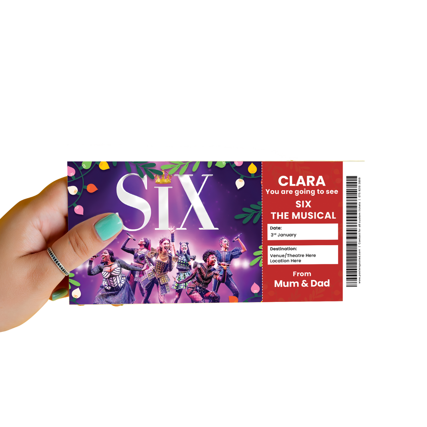 Six The Musical Ticket Christmas Xmas Gift Ticket Personalised Keepsake Card