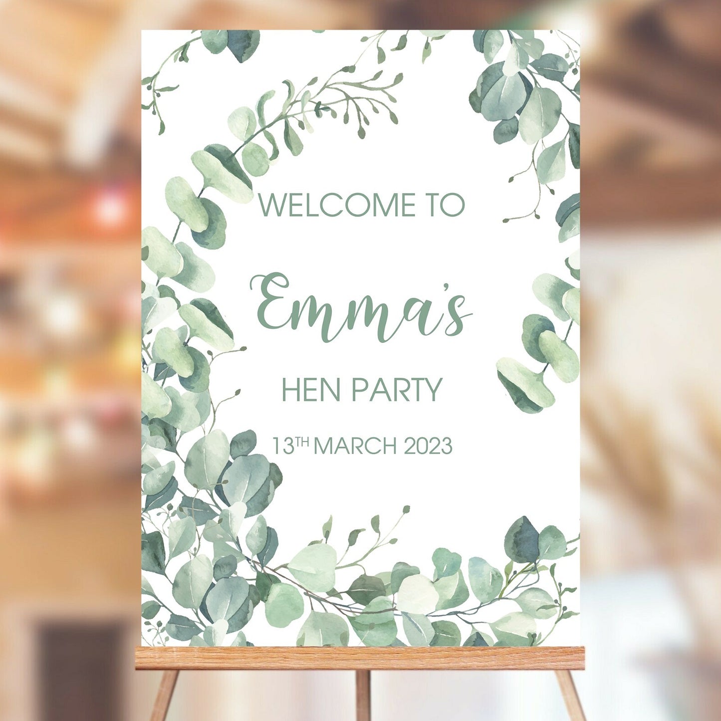 Hen Party Welcome Sign Poster Personalised Green Foliage Bridal Shower A5-A3