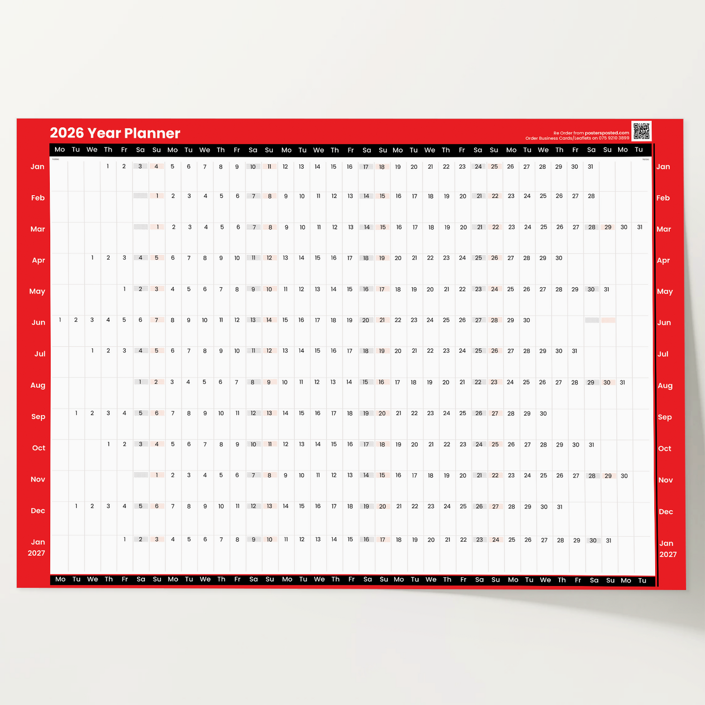 2026 Full Year Annual Planner Student Wall Chart Holidays School A5 A4 A3 A2 A1