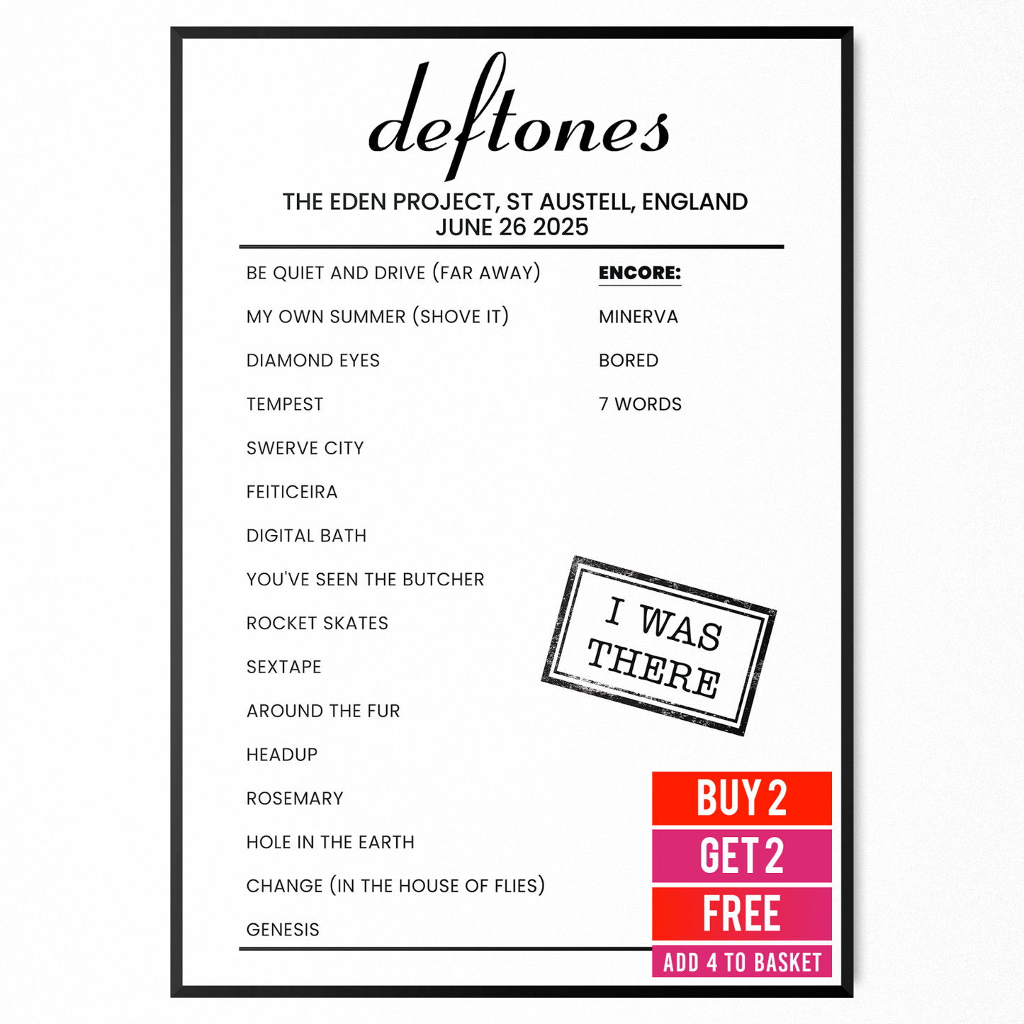 Deftones 2025 Eden Project Setlist Poster St Austell UK Arena Tour A5 A4 A3