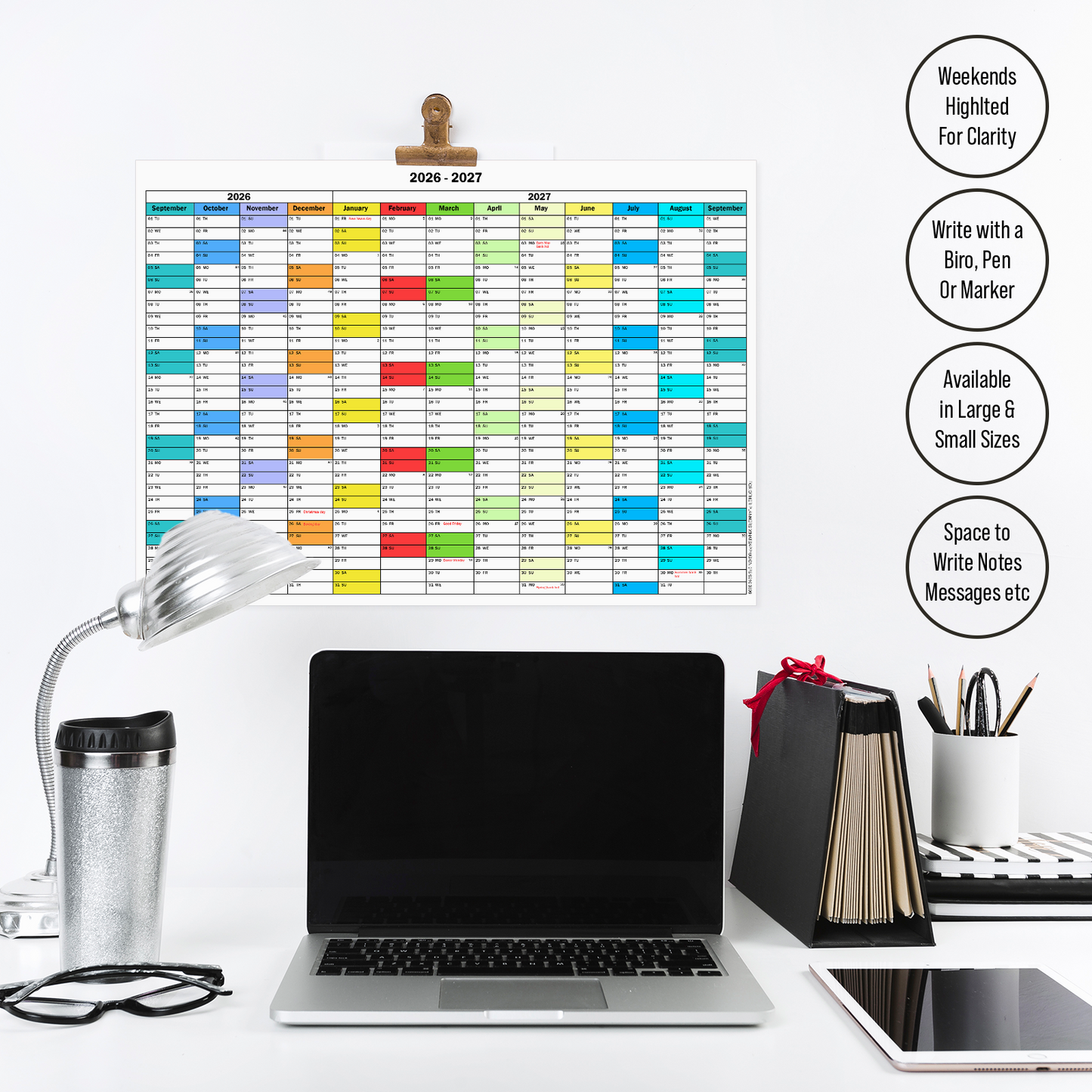 2026 -2027 Academic Wall Planner Colourful Full Year Calendar Home Office Work