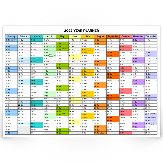 2026 A2 Large Wall Planner Calendar Year Planner with Birthdays & Holidays