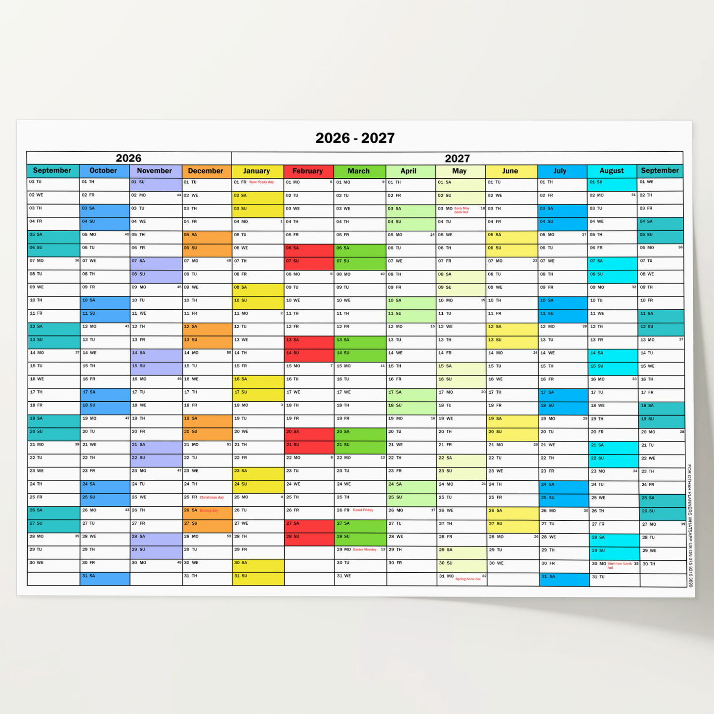 2026 -2027 Academic Wall Planner A2 Large Full Year Calendar Home Office Work